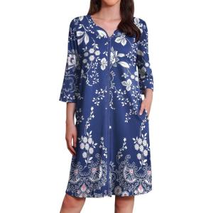 image:imageEkouaer Zipper Robes for Women 34 Sleeves Housecoat Soft Nightgowns Sleepwear Mumu House Dresses with PocketsEvening Blue Vines