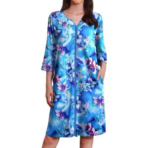 image:imageEkouaer Zipper Robes for Women 34 Sleeves Housecoat Soft Nightgowns Sleepwear Mumu House Dresses with PocketsFloral Blue