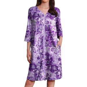 image:imageEkouaer Zipper Robes for Women 34 Sleeves Housecoat Soft Nightgowns Sleepwear Mumu House Dresses with PocketsFloral Purple