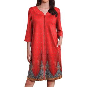 image:imageEkouaer Zipper Robes for Women 34 Sleeves Housecoat Soft Nightgowns Sleepwear Mumu House Dresses with PocketsFloral Red