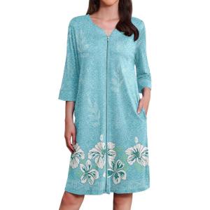 image:imageEkouaer Zipper Robes for Women 34 Sleeves Housecoat Soft Nightgowns Sleepwear Mumu House Dresses with PocketsGreen White Floral