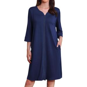 image:imageEkouaer Zipper Robes for Women 34 Sleeves Housecoat Soft Nightgowns Sleepwear Mumu House Dresses with PocketsNavy Blue
