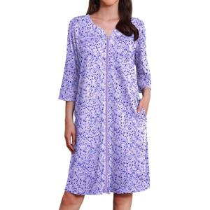 image:imageEkouaer Zipper Robes for Women 34 Sleeves Housecoat Soft Nightgowns Sleepwear Mumu House Dresses with PocketsSmall Florals Purple