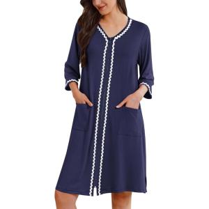image:imageEkouaer Zipper Robes for Women 34 Sleeves Lightweight House Coat Zip Up Bathrobe Soft Nightgown with Pockets S3XLNavy Blue