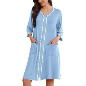image:imageEkouaer Zipper Robes for Women 34 Sleeves Lightweight House Coat Zip Up Bathrobe Soft Nightgown with Pockets S3XLPale Blue