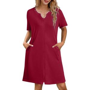 image:imageEkouaer Zipper Robes for Women Knee Length Bathrobe Lightweight Housecoat Short Sleeve Nightgown with Pockets S3XLWine Red With Pink