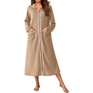 image:imageEkouaer Zipper Robes for Women Long Waffle Knit Bathrobe Lightweight Long Sleeves Robe Soft Sleepwear with Pockets SXXLKhaki