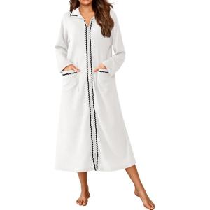 image:imageEkouaer Zipper Robes for Women Long Waffle Knit Bathrobe Lightweight Long Sleeves Robe Soft Sleepwear with Pockets SXXLWhite