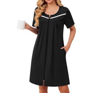 image:imageEkouaer Zipper Robes for Women Short Sleeve Bathrobes Lace Lightweight House Coat Soft Zip Up Nightgowns with PocketsBlack