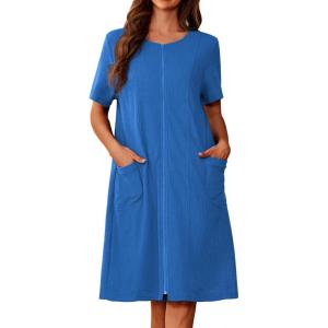 image:imageEkouaer Zipper Robes for Women Short Sleeve Waffle Knit Bathrobe Lightweight House Coat with Pockets Soft LoungwearAblue