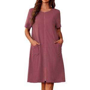 image:imageEkouaer Zipper Robes for Women Short Sleeve Waffle Knit Bathrobe Lightweight House Coat with Pockets Soft LoungwearAcaramel