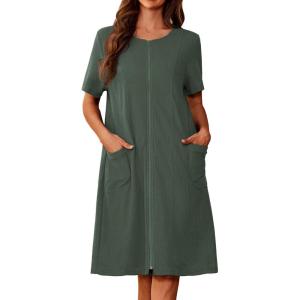 image:imageEkouaer Zipper Robes for Women Short Sleeve Waffle Knit Bathrobe Lightweight House Coat with Pockets Soft LoungwearAdark Green