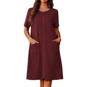 image:imageEkouaer Zipper Robes for Women Short Sleeve Waffle Knit Bathrobe Lightweight House Coat with Pockets Soft LoungwearAdark Red