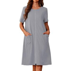 image:imageEkouaer Zipper Robes for Women Short Sleeve Waffle Knit Bathrobe Lightweight House Coat with Pockets Soft LoungwearAlight Gray