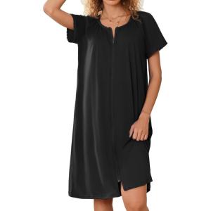 image:imageEkouaer Zipper Robes for Women Short Sleeves Knit Bathrobes Knee Length Soft Lace Trim Loungewear with Pockets S3XLBlack