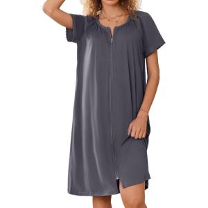 image:imageEkouaer Zipper Robes for Women Short Sleeves Knit Bathrobes Knee Length Soft Lace Trim Loungewear with Pockets S3XLDark Grey