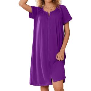 image:imageEkouaer Zipper Robes for Women Short Sleeves Knit Bathrobes Knee Length Soft Lace Trim Loungewear with Pockets S3XLEggplant