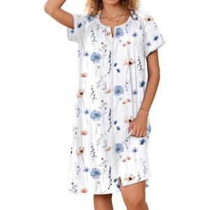 image:imageEkouaer Zipper Robes for Women Short Sleeves Knit Bathrobes Knee Length Soft Lace Trim Loungewear with Pockets S3XLFloral Blue White
