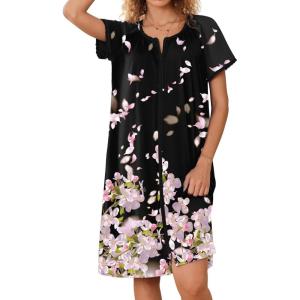 image:imageEkouaer Zipper Robes for Women Short Sleeves Knit Bathrobes Knee Length Soft Lace Trim Loungewear with Pockets S3XLFloral Pink Black