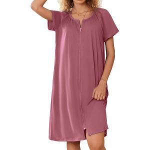 image:imageEkouaer Zipper Robes for Women Short Sleeves Knit Bathrobes Knee Length Soft Lace Trim Loungewear with Pockets S3XLGray Purple