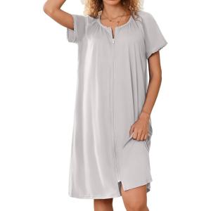 image:imageEkouaer Zipper Robes for Women Short Sleeves Knit Bathrobes Knee Length Soft Lace Trim Loungewear with Pockets S3XLLight Grey