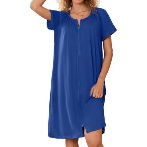 image:imageEkouaer Zipper Robes for Women Short Sleeves Knit Bathrobes Knee Length Soft Lace Trim Loungewear with Pockets S3XLNavy Blue