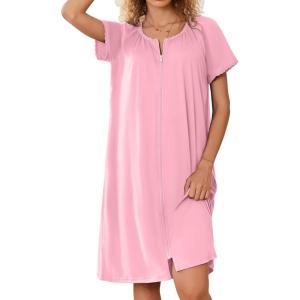 image:imageEkouaer Zipper Robes for Women Short Sleeves Knit Bathrobes Knee Length Soft Lace Trim Loungewear with Pockets S3XLPink