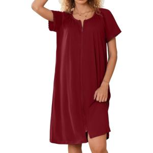 image:imageEkouaer Zipper Robes for Women Short Sleeves Knit Bathrobes Knee Length Soft Lace Trim Loungewear with Pockets S3XLWine Red