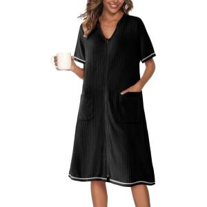 image:imageEkouaer Zipper Robes for Women Waffle Knit Bathrobes Short Lightweight Knee Length Loungewear with Pockets SXXLAblack