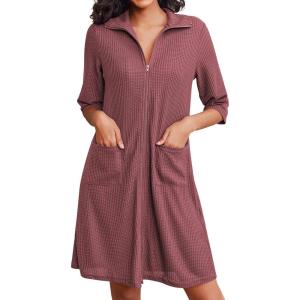 image:imageEkouaer Zipper Robes for Women Waffle Knit Bathrobes Short Lightweight Knee Length Loungewear with Pockets SXXLPurplish Red