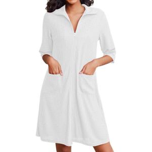 image:imageEkouaer Zipper Robes for Women Waffle Knit Bathrobes Short Lightweight Knee Length Loungewear with Pockets SXXLWhite