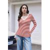 image:imageEkouaer Long Sleeve Shirts for Women V Neck Basic Ribbed T Shirt Thermal Undershirts Slim Fit Casual Tee TopsRed White Stripe
