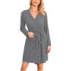 image:imageEkouaer Women Robe Ribbed Knit Soft Bathrobe Knee Length Robes Stretchy Short Sleepwear with PocketsDark Grey