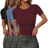 image:imageEkouaer Women Short Sleeve Shirts Lightweight Basic Tops Ribbed Knit Outfit Tees Crew Neck TShirts Work Out BlouseBlackDark RedBlue