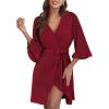 image:imageEkouaer Women Waffle Robes 34 Sleeve Ruffle Knit Bathrobe Soft Lightweight Knee Length Robe LoungewearWine Red