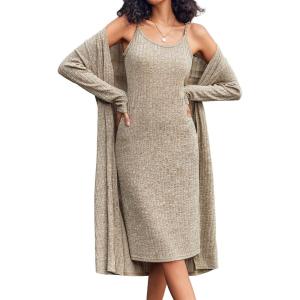 image:imageEKOUAER Womens Knit Robe Set 2 Piece Nightgown with Robes Long Sleeves Lounge Sets with Pockets S 3XLCamel