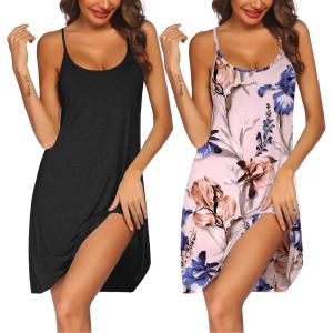 image:imageEkouaer 2 Pack Nightgown for Womens Nightshirt Sleepwear Sleep Tank Chemise Racerback Sleeveless Dress2 Packblack  Pink Floral Print