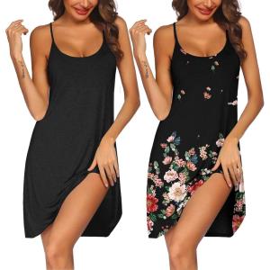 image:imageEkouaer 2 Pack Nightgown for Womens Nightshirt Sleepwear Sleep Tank Chemise Racerback Sleeveless Dress2 Packblackblack Floral