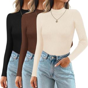 image:imageEkouaer 3 Pack Mock Turtlenecks Tops for Women Long Sleeve Ribbed Shirts Thermal Slim Fit Lightweight Undershirts SXXLBlackBeigeBrown
