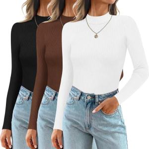 image:imageEkouaer 3 Pack Mock Turtlenecks Tops for Women Long Sleeve Ribbed Shirts Thermal Slim Fit Lightweight Undershirts SXXLBlackWhiteBrown