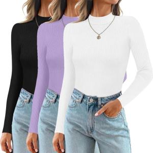 image:imageEkouaer 3 Pack Mock Turtlenecks Tops for Women Long Sleeve Ribbed Shirts Thermal Slim Fit Lightweight Undershirts SXXLPurpleWhiteBlack