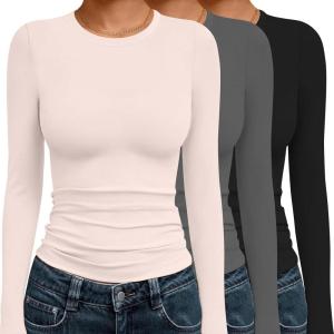 image:imageEkouaer 3 Pack Women Long Sleeve Crew Neck Shirts Basic Thermal Tops Slim Fit Ruch Side Tees Going Out Layering Thirts XSXXLBlackBeigeDark Grey