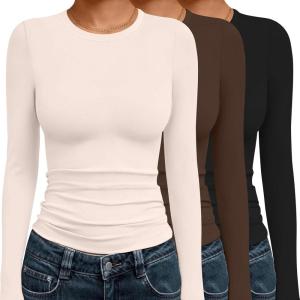 image:imageEkouaer 3 Pack Women Long Sleeve Crew Neck Shirts Basic Thermal Tops Slim Fit Ruch Side Tees Going Out Layering Thirts XSXXLBlackBrownBeige