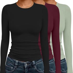 image:imageEkouaer 3 Pack Women Long Sleeve Crew Neck Shirts Basic Thermal Tops Slim Fit Ruch Side Tees Going Out Layering Thirts XSXXLBlackDark RedIce Green