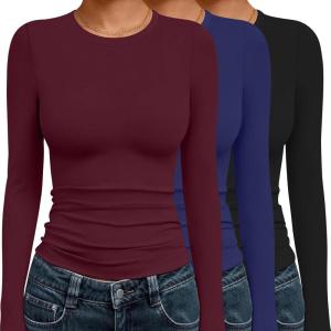 image:imageEkouaer 3 Pack Women Long Sleeve Crew Neck Shirts Basic Thermal Tops Slim Fit Ruch Side Tees Going Out Layering Thirts XSXXLBlackDark RedNavy Blue