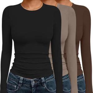 image:imageEkouaer 3 Pack Women Long Sleeve Crew Neck Shirts Basic Thermal Tops Slim Fit Ruch Side Tees Going Out Layering Thirts XSXXLBlackDeep GreyBrown