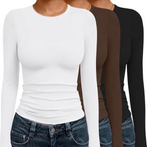 image:imageEkouaer 3 Pack Women Long Sleeve Crew Neck Shirts Basic Thermal Tops Slim Fit Ruch Side Tees Going Out Layering Thirts XSXXLBlackWhiteBrown