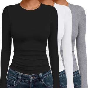 image:imageEkouaer 3 Pack Women Long Sleeve Crew Neck Shirts Basic Thermal Tops Slim Fit Ruch Side Tees Going Out Layering Thirts XSXXLBlackWhiteGrey