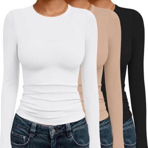 image:imageEkouaer 3 Pack Women Long Sleeve Crew Neck Shirts Basic Thermal Tops Slim Fit Ruch Side Tees Going Out Layering Thirts XSXXLBlackWhiteKhaki