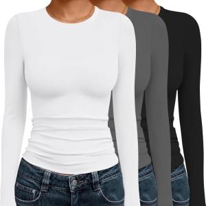 image:imageEkouaer 3 Pack Women Long Sleeve Crew Neck Shirts Basic Thermal Tops Slim Fit Ruch Side Tees Going Out Layering Thirts XSXXLBlackWhiteLight Grey